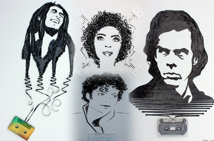 artistic portraits using cassette tapes 00 in Cassette Tape Art: Amazing Black and White Celebrity Portraits