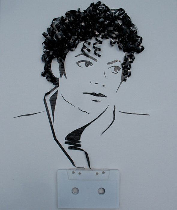 artistic portraits using cassette tapes 03 in Cassette Tape Art: Amazing Black and White Celebrity Portraits