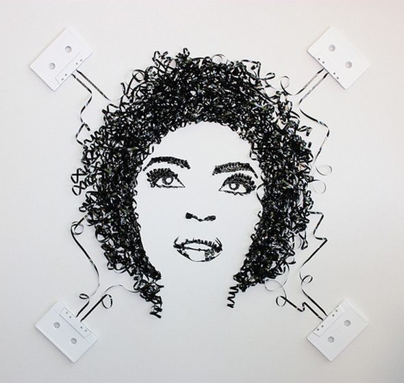 artistic portraits using cassette tapes 04 in Cassette Tape Art: Amazing Black and White Celebrity Portraits