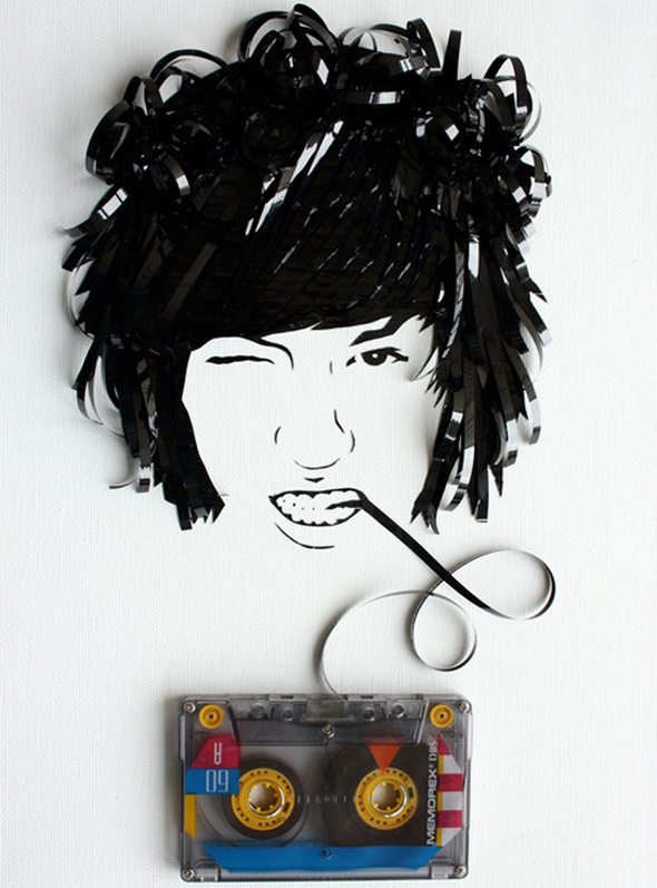 artistic portraits using cassette tapes 07 in Cassette Tape Art: Amazing Black and White Celebrity Portraits