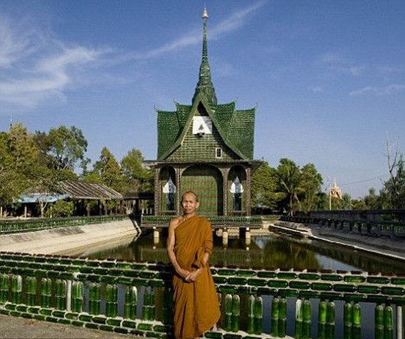 Buddhist temple built out of Heineken and Chang beer bottles