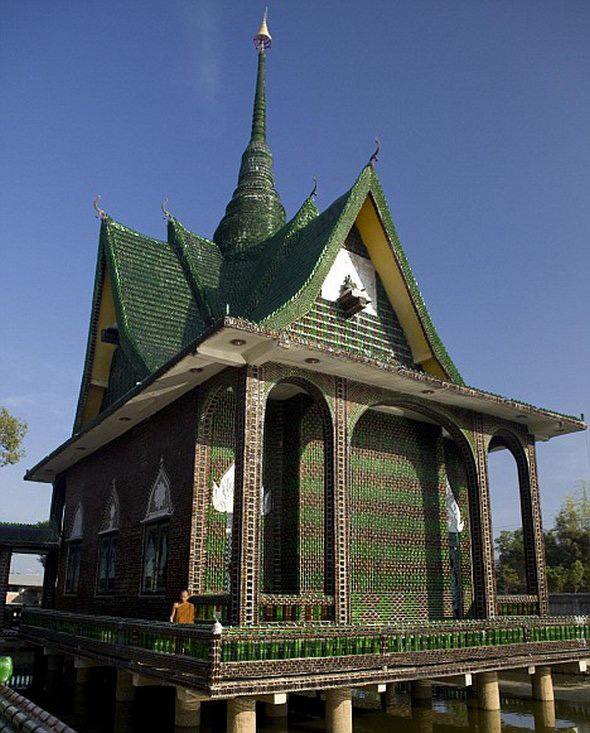 Buddhist temple built out of Heineken and Chang beer bottles