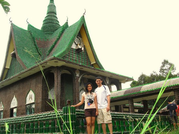 Buddhist temple built out of Heineken and Chang beer bottles