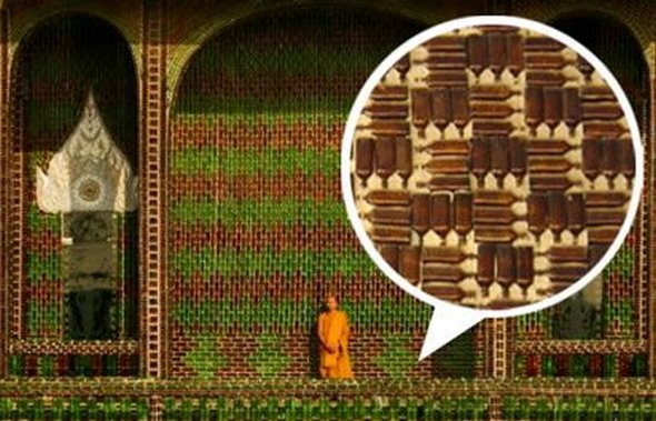 Buddhist temple built out of Heineken and Chang beer bottles