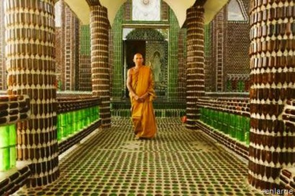 Buddhist temple built out of Heineken and Chang beer bottles