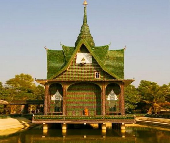 Buddhist temple built out of Heineken and Chang beer bottles