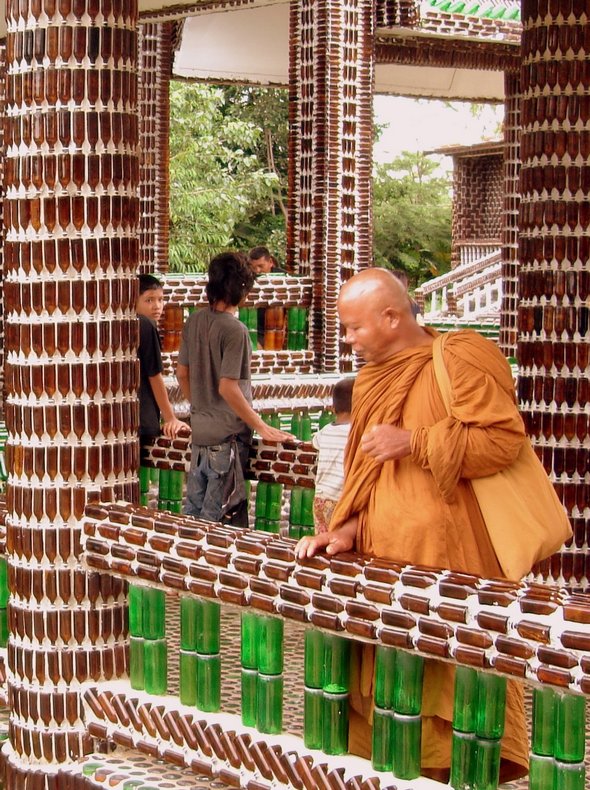 Buddhist temple built out of Heineken and Chang beer bottles