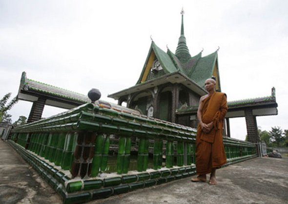 Buddhist temple built out of Heineken and Chang beer bottles