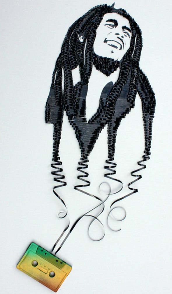 artistic portraits using cassette tapes 12 in Cassette Tape Art: Amazing Black and White Celebrity Portraits